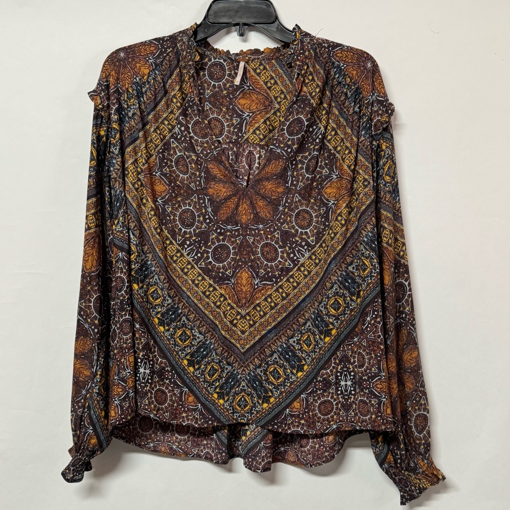 Free People Boho Medallion Print Smocked Neck Blouse XL Flowy Long‎ Sleeve